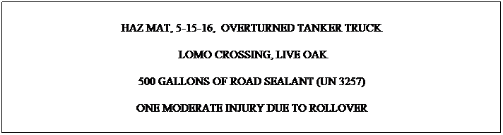 Text Box: HAZ MAT, 5-15-16,  OVERTURNED TANKER TRUCK
 LOMO CROSSING, LIVE OAK
500 GALLONS OF ROAD SEALANT (UN 3257)
ONE MODERATE INJURY DUE TO ROLLOVER
